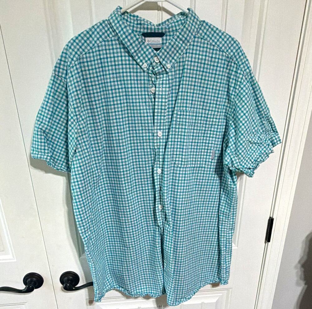 Columbia Men's XXL Short Sleeve Green/White Check Button-Down Button Up Shirt